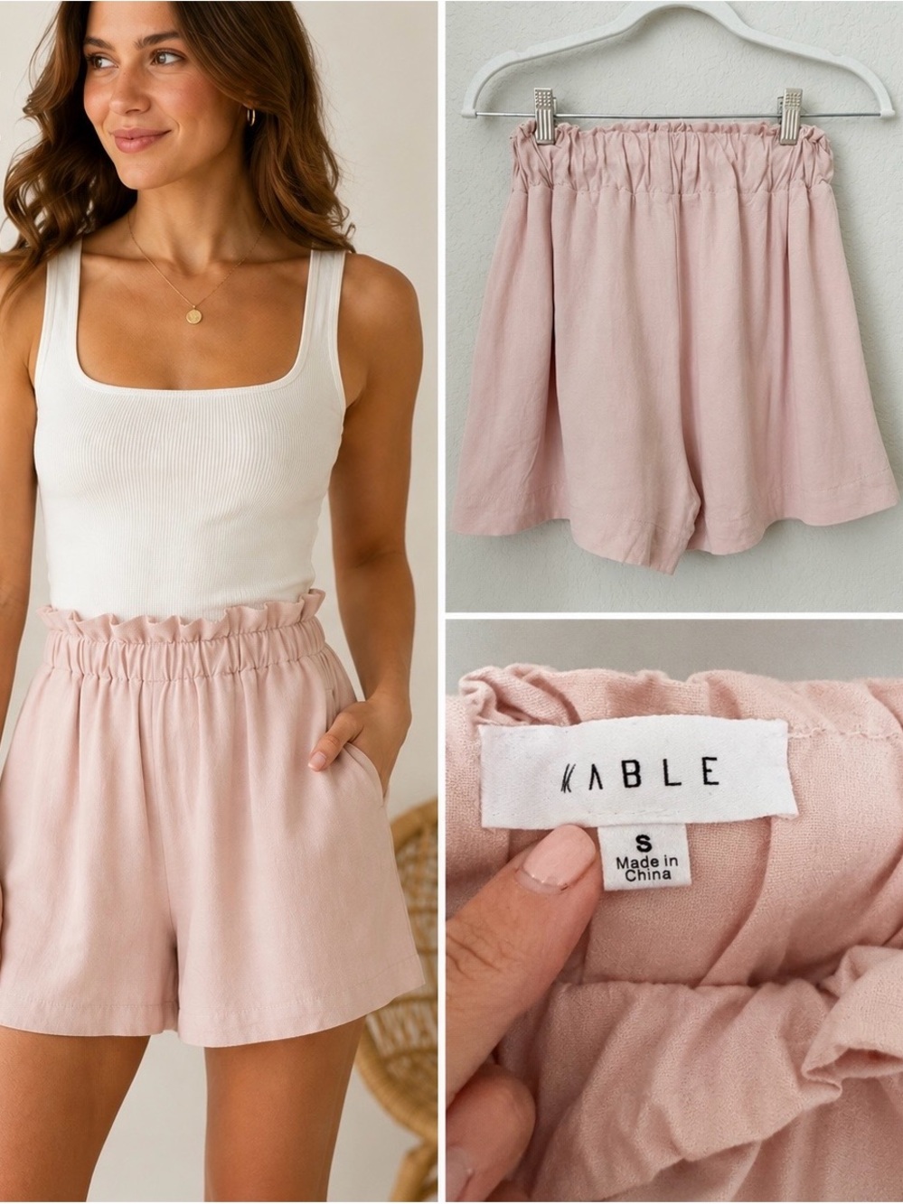 Women’s Pink Paperbag High-Waist Linen Blend Shorts